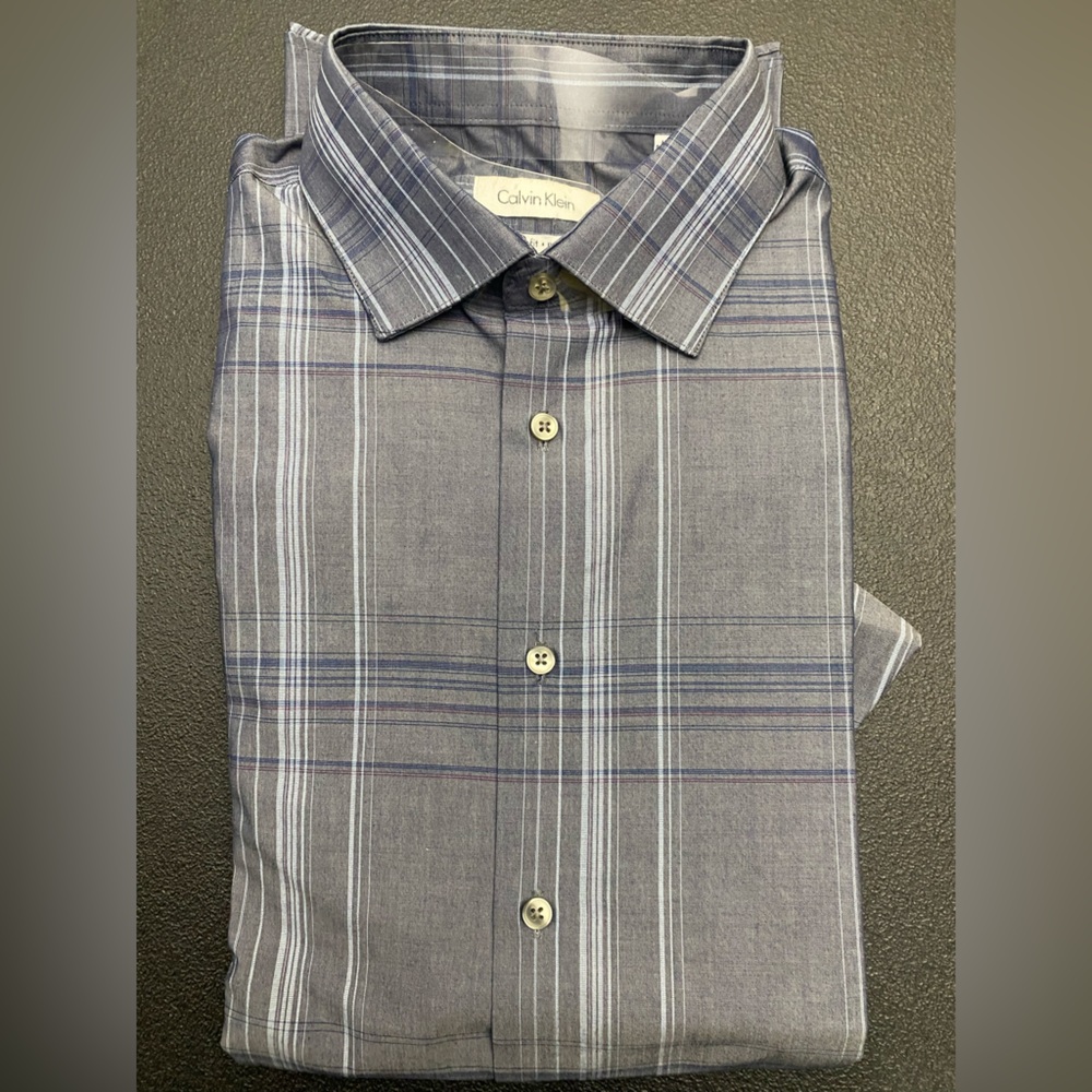 Calvin Klein Men's Gray and Blue Striped Shirt